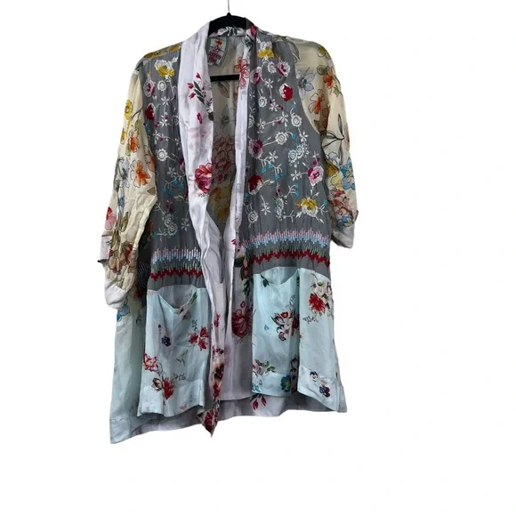 Johnny Was Pastel Floral Embroidery Silk Kimono Size Small - Picture 3 of 5